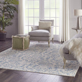Nourison Jubilant Damask Ivory/Blue 8'6" x 12' Area Rug, Easy Clean, Non Shedding, Bedroom, Living Room, Dining Room, Kitchen