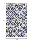 Nourison Grafix Damask White/Blue 3' x 5' Area Rug, Easy Clean, Non Shedding, Bed Room, Living Room, Dining Room, Kitchen (3x5)