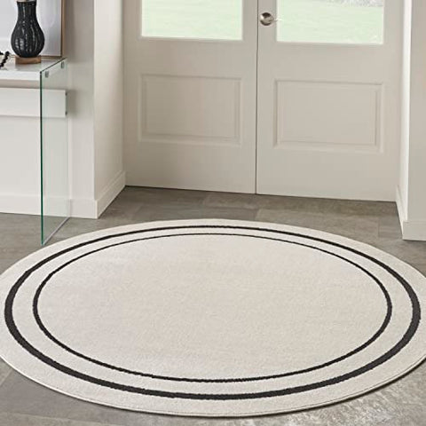 Nourison Essentials Indoor/Outdoor Ivory/Black 4' x round Area -Rug, Easy -Cleaning, Non Shedding, Bed Room, Living Room, Dining Room, Backyard, Deck, Patio (4 Round)