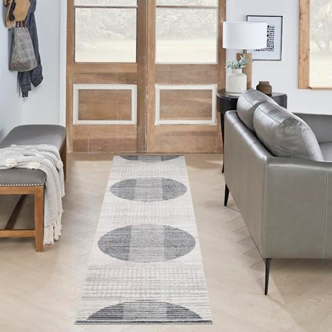 Nourison Astra Machine Washable Geometric Ivory Blue 2'2' x 12' Area -Rug, Easy -Cleaning, Non Shedding, Bed Room, Living Room, Dining Room, Kitchen (2x12)