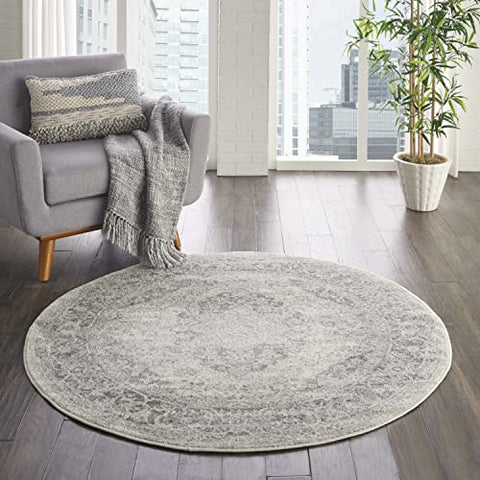 Nourison Tranquil Traditional Ivory/Grey 4' x Round Area -Rug, Easy -Cleaning, Non Shedding, Bed Room, Living Room, Dining Room, Kitchen (4 Round)