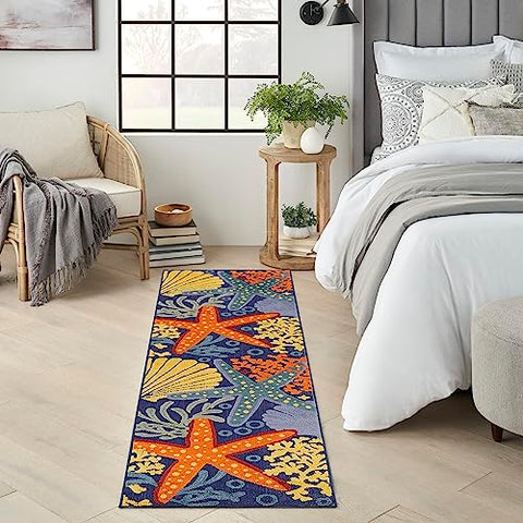 Nourison Aloha Indoor/Outdoor Navy Multicolor 2' x 6' Area Rug, Easy Cleaning, Non Shedding, Bed Room, Living Room, Dining Room, Backyard, Deck, Patio (2x6)