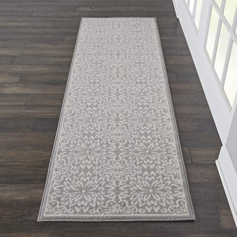 Nourison Jubilant Floral Ivory/Grey 2'3'' x 7'3'' Area-Rug, Easy-Cleaning, Non Shedding, Bed Room, Living Room, Dining Room, Kitchen (2x7)