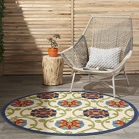 Nourison Aloha Indoor/Outdoor Blue/Multicolor 4' x Round Area -Rug, Easy -Cleaning, Non Shedding, Bed Room, Living Room, Dining Room, Deck, Backyard, Patio (4 Round)