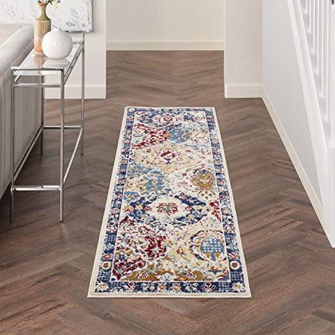 Nourison Grafix Vintage Blue Multicolor 2'3" x 7'6" Area -Rug, Easy -Cleaning, Non Shedding, Bed Room, Living Room, Dining Room, Kitchen (2x8)
