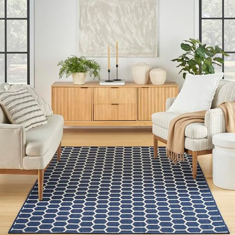 Nourison Reversible Indoor Outdoor Geometric Navy 5' x 7' Area Rug, Easy Clean, Non Shedding, Bed Room, Living Room, Dining Room, Kitchen (5x7)