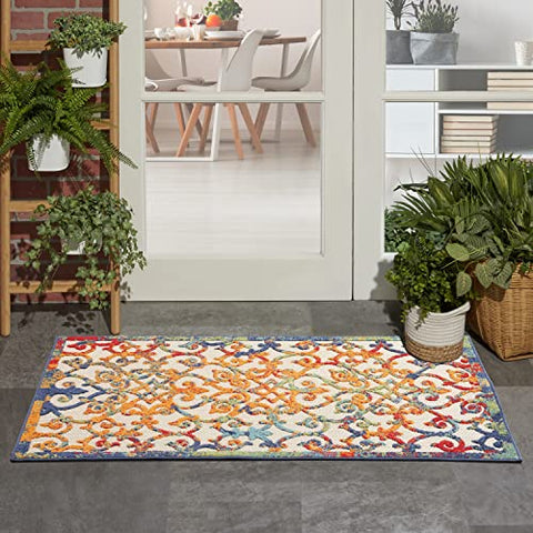 Nourison Aloha Indoor/Outdoor Multicolor 3' x 5' Area Rug, Transitional, French Country, Easy Cleaning, Non Shedding, Bed Room, Kitchen, Living Room, Deck, Backyard