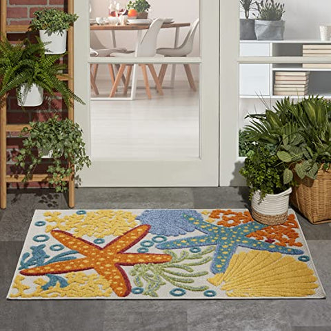 Nourison Aloha Indoor/Outdoor Multicolor 2'8" x 4' Area Rug, Coastal, Tropical, Easy Cleaning, Non Shedding, Bed Room, Living Room, Deck, Backyard, (3' x4')