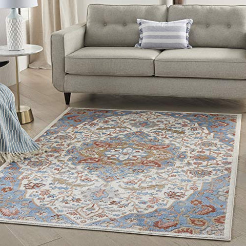 Nourison Elation Floral Ivory Blue 4' x 6' Area Rug, Easy-Cleaning, Non Shedding, Bed Room, Living Room, Dining Room, Kitchen (4x6)