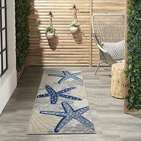 Nourison Aloha Indoor/Outdoor Blue/Grey 2'3" x 8' Area Rug, Coastal, Tropical, Easy Cleaning, Non Shedding, Bed Room, Living Room, Deck, Backyard, (8' x Runner)