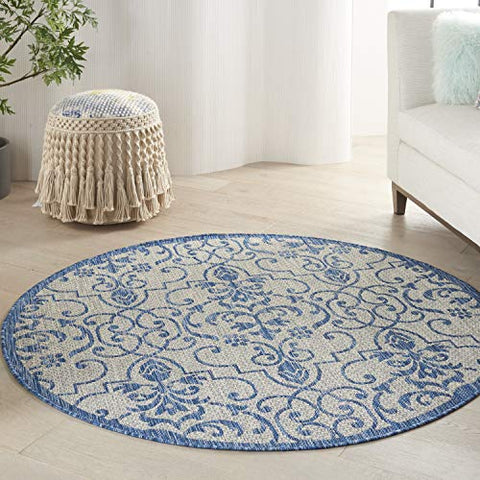 Nourison Garden Party Ivory Blue 5' Round Area Rug , 5'3" x Round
