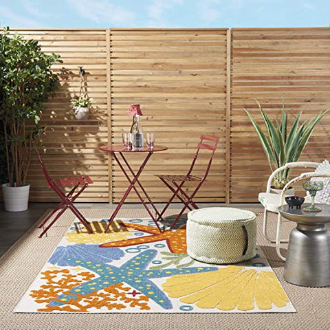 Nourison Aloha Indoor/Outdoor Multicolor 3'6" x 5'6" Area Rug, Coastal, Tropical, Easy Cleaning, Non Shedding, Bed Room, Living Room, Deck, Backyard, (4' x 6')