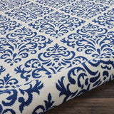 Nourison Grafix Damask White/Blue 8' x Round Area Rug, Easy Clean, Non Shedding, Bed Room, Living Room, Dining Room, Kitchen (8 Round)