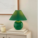 Nourison 13" Green Ceramic Round Lamp with Pleated Shade for Bedroom, Living Room, Console, Entryway