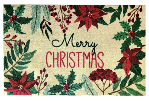 Nourison Accent Rug Merry Christmas Poinsettia Holly Berry Print, Non-Slip Backing 24 x 36 Inches