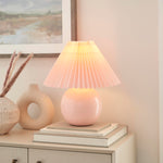Nourison 13" Pink Ceramic Round Lamp with Pleated Shade for Bedroom, Living Room, Console, Entryway
