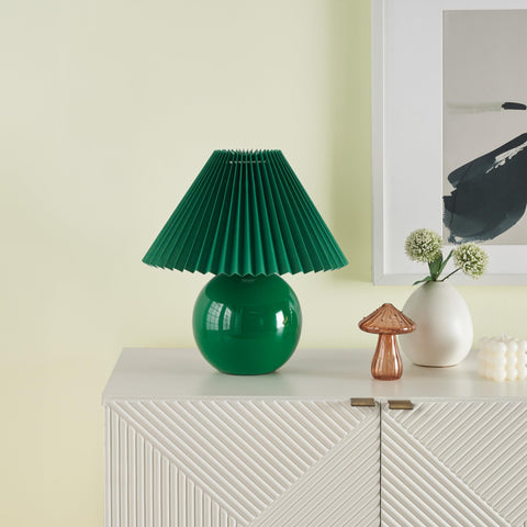 Nourison 13" Green Ceramic Round Lamp with Pleated Shade for Bedroom, Living Room, Console, Entryway
