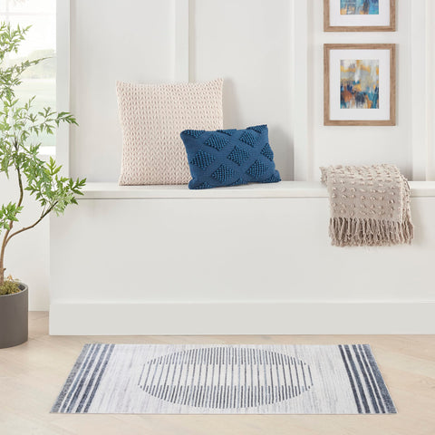 Nourison Astra Machine Washable Geometric Ivory Blue 4' x 6' Area Rug, Easy Clean, Non Shedding, Bed Room, Living Room, Dining Room, Kitchen (4x6)