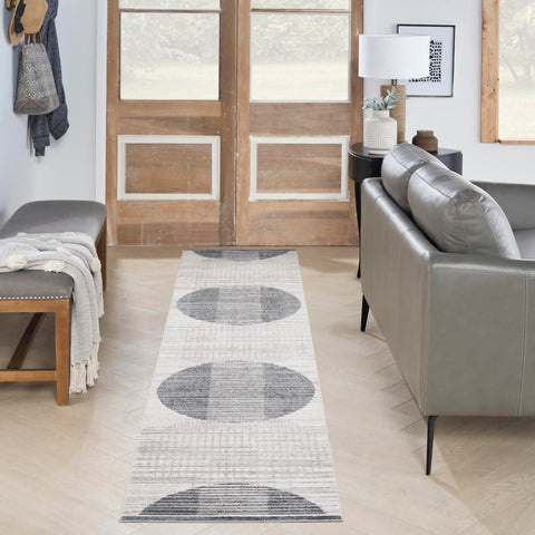 Nourison Astra Machine Washable Geometric Ivory Blue 2'2" x 10' Area -Rug, Easy -Cleaning, Non Shedding, Bed Room, Living Room, Dining Room, Kitchen (2x10)