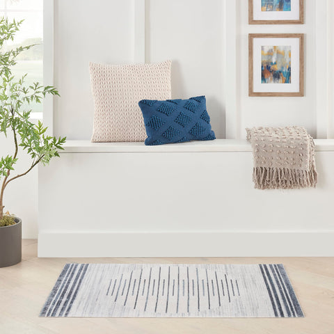 Nourison Astra Machine Washable Geometric Ivory Blue 4' x 6' Area -Rug, Easy -Cleaning, Non Shedding, Bed Room, Living Room, Dining Room, Kitchen (4x6)