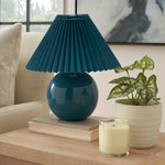 Nourison 13" Blue Ceramic Round Lamp with Pleated Shade for Bedroom, Living Room, Console, Entryway