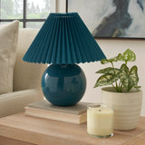 Nourison 13" Blue Ceramic Round Lamp with Pleated Shade for Bedroom, Living Room, Console, Entryway