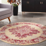 Nourison Grafix Traditional Cream/Red 5'3" x Round Area Rug, Easy Clean, Non Shedding, Bed Room, Living Room, Dining Room, Kitchen (5 Round)