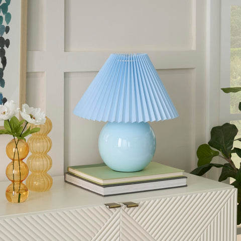 Nourison 13" Light Blue Ceramic Round Lamp with Pleated Shade for Bedroom, Living Room, Console, Entryway (Pack of 1)
