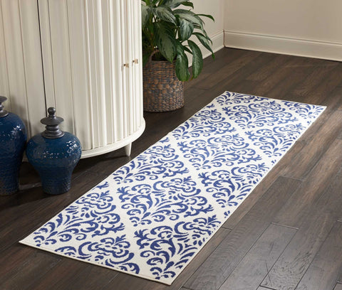 Nourison Grafix Vintage White/Blue 2'3" x 7'6" Area -Rug, Easy -Cleaning, Non Shedding, Bed Room, Living Room, Dining Room, Kitchen (2x7)" }