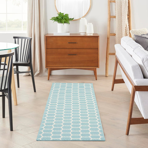 Nourison Reversible Indoor Outdoor Aqua 2'2" x 8' Area Rug Easy Clean, Non Shedding, Bed Room, Living Room, Dining Room, Kitchen (8' Runner)