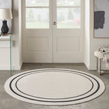 Nourison Essentials Indoor/Outdoor Solid Bordered Ivory/Black 6' x Round Area Rug, Easy Cleaning, Non Shedding, Bed Room, Living Room, Dining Room, Backyard, Deck, Patio (6 Round)
