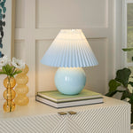 Nourison 13" Light Blue Ceramic Round Lamp with Pleated Shade for Bedroom, Living Room, Console, Entryway (Pack of 1)