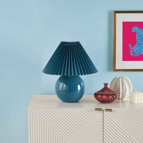 Nourison 13" Blue Ceramic Round Lamp with Pleated Shade for Bedroom, Living Room, Console, Entryway