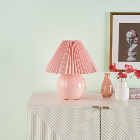 Nourison 13" Pink Ceramic Round Lamp with Pleated Shade for Bedroom, Living Room, Console, Entryway