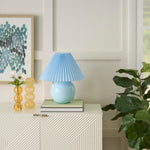 Nourison 13" Light Blue Ceramic Round Lamp with Pleated Shade for Bedroom, Living Room, Console, Entryway (Pack of 1)