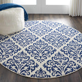 Nourison Grafix Damask White/Blue 5'3" x Round Area -Rug, Easy -Cleaning, Non Shedding, Bed Room, Living Room, Dining Room, Kitchen (5 Round)