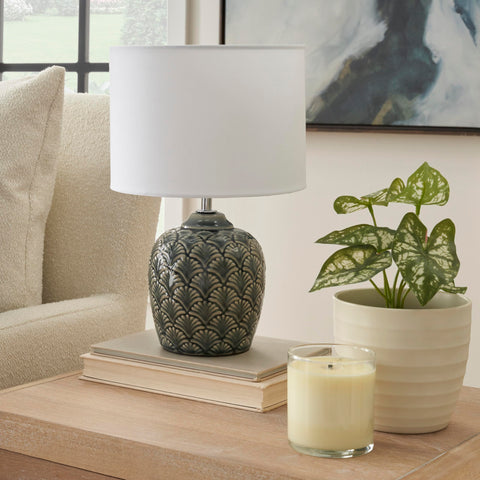 Nourison 13" Grey Carved Motif Ceramic Table Lamp for Bedroom, Living Room, Console, Entryway
