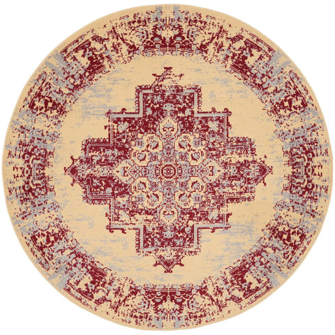 Nourison Grafix Traditional Cream/Red 5'3" x Round Area Rug, Easy Clean, Non Shedding, Bed Room, Living Room, Dining Room, Kitchen (5 Round)