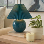Nourison 13" Blue Ceramic Round Lamp with Pleated Shade for Bedroom, Living Room, Console, Entryway
