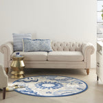 Nourison Aloha Indoor/Outdoor Blue/Grey 4' x Round Area Rug, Floral, Contemporary, Easy-Cleaning, Non-Shedding, Bed Room, Living Room, Deck, Backyard, (4' Round)
