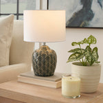 Nourison 13" Grey Carved Motif Ceramic Table Lamp for Bedroom, Living Room, Console, Entryway