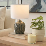 Nourison 13" Grey Carved Motif Ceramic Table Lamp for Bedroom, Living Room, Console, Entryway