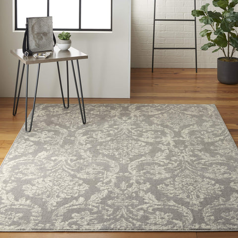 Nourison Jubilant Damask Grey 4' x 6' Area--Rug, Easy--Cleaning, Non Shedding, Bed Room, Living Room, Dining Room, Kitchen (4x6)