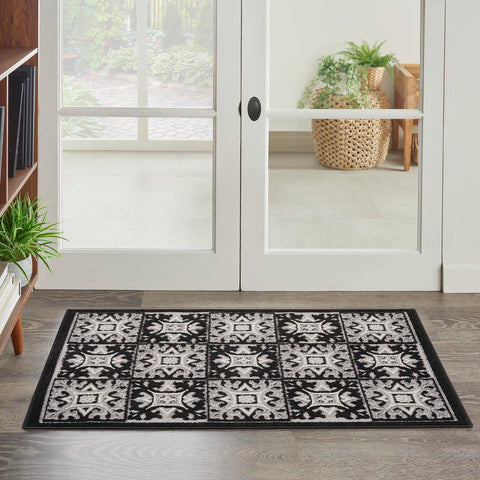 Nourison Aloha Indoor-Outdoor Black White 2'8" x 4' Area Rug, Easy Cleaning, Non Shedding, Bed Room, Living Room, Dining Room, Backyard, Deck, Patio (3x4)