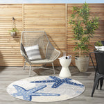 Nourison Aloha Indoor/Outdoor Blue/Grey 4' x Round Area Rug, Coastal, Tropical, Easy Cleaning, Non Shedding, Bed Room, Living Room, Deck, Backyard, (4' Round)