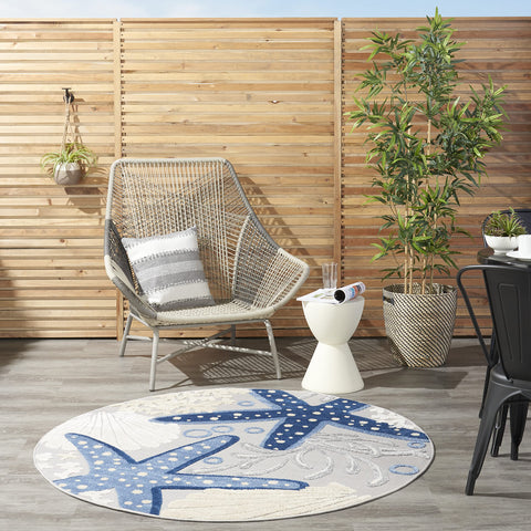Nourison Aloha Indoor/Outdoor Blue/Grey 4' x Round Area Rug, Coastal, Tropical, Easy Cleaning, Non Shedding, Bed Room, Living Room, Deck, Backyard, (4' Round)