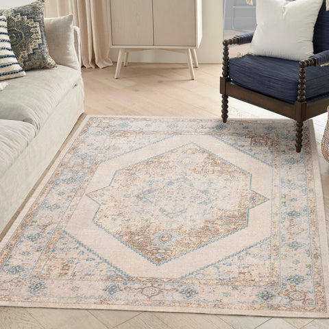 Nourison Astra Machine Washable Ivory Blue 5'3" x 7' Area Rug, Easy Clean, Non Shedding, Bed Room, Living Room, Dining Room, Kitchen (5' x 7')