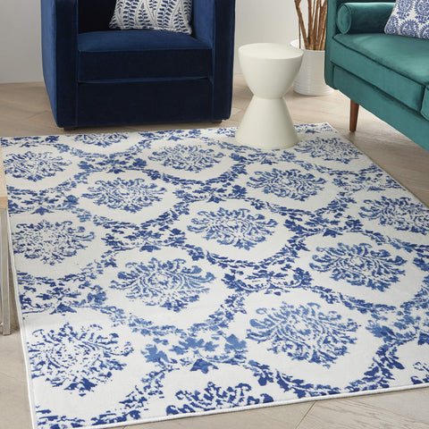 Nourison Whimsicle Damask Ivory Navy 6' x 9' Area Rug, Easy Cleaning, Non Shedding, Bed Room, Living Room, Dining Room, Kitchen (6x9)
