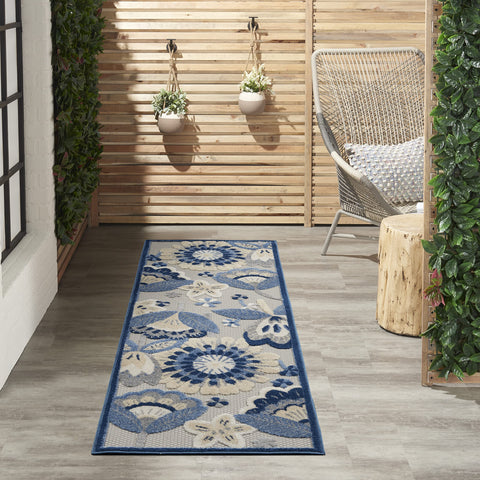 Nourison Aloha Indoor/Outdoor Blue/Grey 2'3" x 8' Area Rug, Floral, Contemporary, Easy-Cleaning, Non-Shedding, Bed Room, Living Room, Deck, Backyard, (8' x Runner)