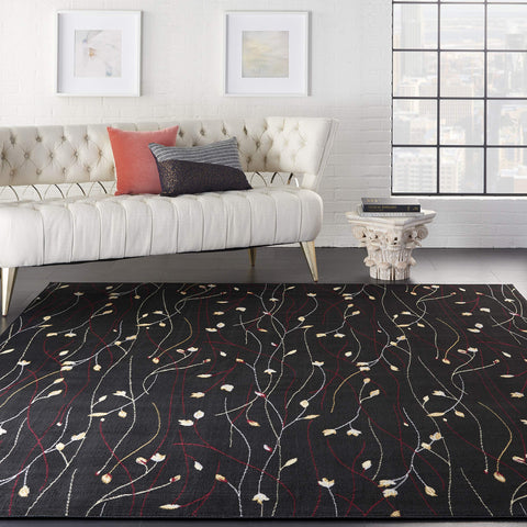 Nourison Grafix Black 7'10'' x 9'10'' Area-Rug, Modern, Botanical , Bed Room, Living Room, Dining Room, Kitchen, Easy-Cleaning, Non Shedding, (8' x 10')